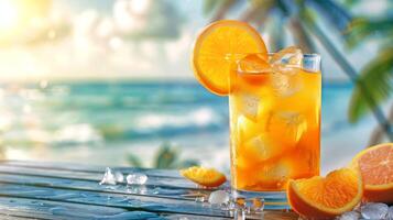 Orange cocktail avec exotique fruit garnir sur une magnifique ensoleillé plage scène. vibrant été vibe Contexte. photo