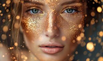 luxe d'or visage de modèle, une magnifique femme avec sexy visage faire en haut., soin de la peau et bien-être. proche en haut photo