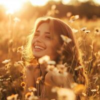 une content modèle sur Naturel champ de fleurs dans Soleil ensemble lumière chaud et relaxant des endroits photo