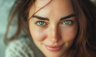 beauté modèle avec Naturel visage faire en haut., soin de la peau et bien-être. proche en haut, blanc Contexte. proche en haut modèle visage regarder à le caméra. une fille portrait de Dame visage et bleu yeux photo