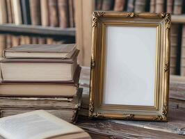 vide image Cadre maquette sur une en bois table avec vieux livres dans une ancien en train de lire chambre. photo