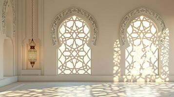 une serein mosquée intérieur avec fleuri arqué les fenêtres moulage magnifique ombres, incorporant le paisible commencement de le islamique Nouveau année photo