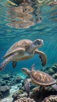 deux mer tortues planer par ensoleillé des eaux, mettant en valeur le serein beauté de océan vie. parfait pour convoyer le serein séduire de sous-marin écosystèmes. l'écotourisme, été vacances concept photo