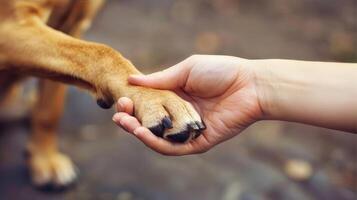 une Humain main détient une chiens patte, symbolisant le liaison entre homme et animal photo