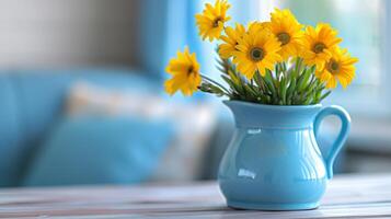 brillant Jaune marguerites dans bleu lanceur. brillant Jaune marguerites arrangé dans une classique bleu lanceur sur une en bois tableau, avec une confortable Accueil Contexte. photo