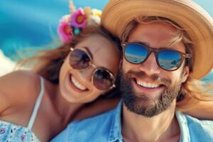 couple profiter une ensoleillé plage journée. joyeux couple dans des lunettes de soleil profiter une ensoleillé journée à le plage, souriant largement. . photo