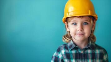 Jeune enfant dans construction casque. portrait de une Jeune enfant portant une Jaune construction casque et plaid chemise, avec une brillant sourire et bleu toile de fond. photo