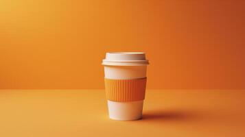 Orange café Coupe. Célibataire Orange café tasse avec blanc couvercle sur Orange arrière-plan, mettant en valeur une minimaliste style. . photo