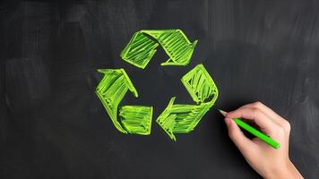 main dessin vert recyclage symbole sur tableau noir photo