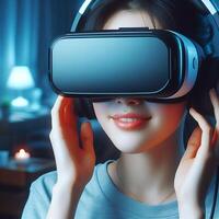une femme portant une virtuel réalité des lunettes photo