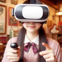 une femme portant une virtuel réalité des lunettes photo