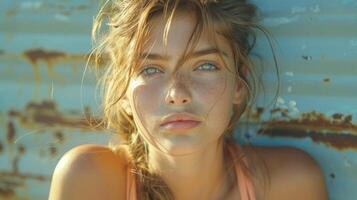 fermer portrait de une Jeune femme avec taches de rousseur et intense bleu yeux photo