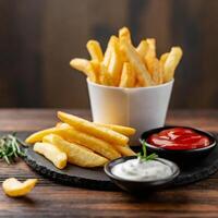 frites ou chips de pommes de terre avec crème sure et ketchup photo