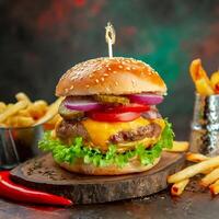 délicieux Viande cheeseburger avec français frites sur foncé Contexte dîner des hamburgers photo