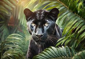 noir panthère en train de regarder derrière le tropical feuilles dans une jungle, noir panthère dans tropical feuilles portrait photo