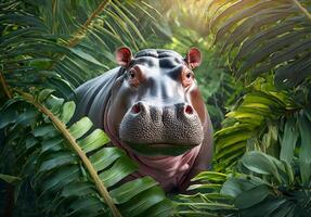 hippopotame dans une jungle, hippopotame dans tropical feuilles portrait photo