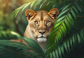lionne regarder de derrière le vert tropical feuilles de une jungle, lionne dans tropical feuilles portrait photo