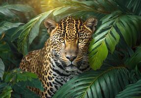 léopard cache dans le tropical feuillage de une jungle, léopard dans tropical feuilles portrait photo