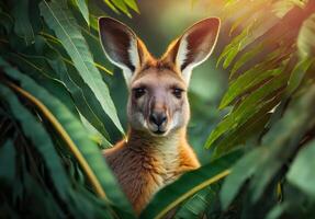 jungle kangourou dans une tropical forêt, kangourou dans tropical feuilles portrait photo