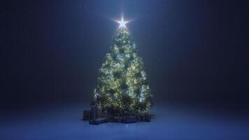3d rendre Noël arbre avec une brillant étoile et une guirlande dans le foncé avec chute neige photo