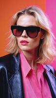 photo de magnifique femme avec blond cheveux et style des lunettes de soleil permanent contre rose arrière-plan,