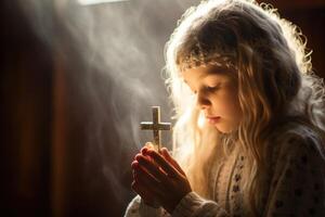 premier communion joie - réconfortant des moments de Jeune croyants dans blanc Robes, célébrer cette sacré Christian sacrement avec foi, pureté, esprit de spirituel croissance dans mémorable église cérémonie. photo