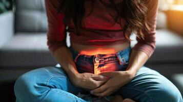 Jeune femme dans menstruel douleur, représentation de le malaise et agonie expérimenté pendant menstruation, empathique avec le luttes de menstruel périodes de crampes et détresse. photo