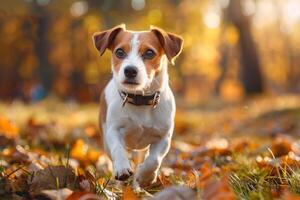 petit chien avec collier en marchant dans parc photo