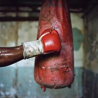 une homme portant boxe gants est permanent dans de face de une perforation sac photo