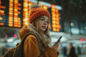 image de une fille, attendre pour train photo