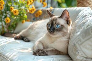 Siamois chat avec bleu yeux sur une blanc canapé photo