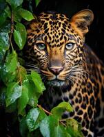 Masculin léopard ou panthère parmi le feuilles dans le jungle, panthera onca. photo