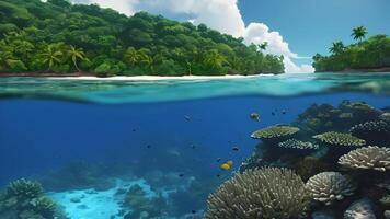 tropical île avec blanc sablonneux des plages et une diverse corail récif écosystème, divisé par le ligne de flottaison. photo