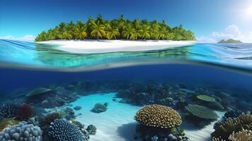 tropical île avec blanc sablonneux des plages et une diverse corail récif écosystème, divisé par le ligne de flottaison. photo