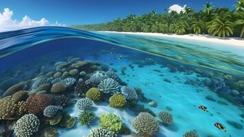 tropical île avec blanc sablonneux des plages et une diverse corail récif écosystème, divisé par le ligne de flottaison. photo