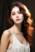 magnifique asiatique femme avec longue marron frisé cheveux photo