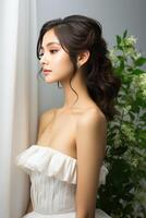 magnifique asiatique femme avec longue marron frisé cheveux photo