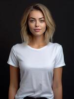 magnifique Jeune femme dans Vide blanc T-shirt moquer en haut. photo