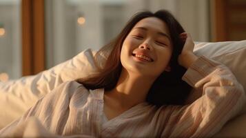 Jeune asiatique femme en train de dormir bien dans lit. photo