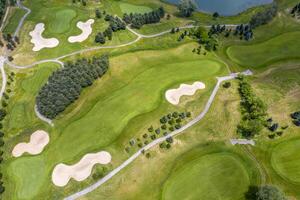 paysage dans une le golf cours un aérien vue de une vert champ, lac, pelouse, et herbe. photo