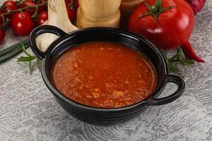 chaud tomate soupe avec en dés poulet photo