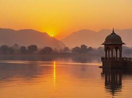 Inde à lever du soleil, homme Sagar Lac vue photo