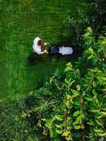 caucasien homme pousser pelouse tondeuse pour Coupe vert herbe dans jardin avec lumière du soleil à été saison. aérien voir. travaux ménagers et mode de vie concept. photo