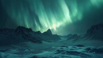 le aurore borealis illumine le neigeux Montagne intervalle en dessous de le nuit ciel photo