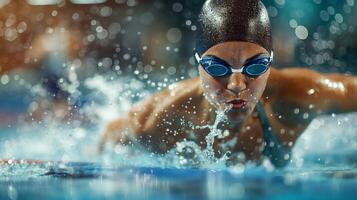 une nageur est portant des lunettes de protection et une chapeau tandis que plongée dans une bassin de l'eau photo