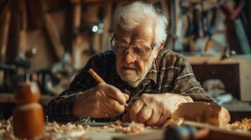 un personnes âgées homme avec les rides sculpte bois dans une atelier, partage le sien art photo