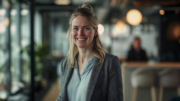 souriant professionnel femme dans moderne Bureau photo