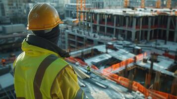 ingénieur dans difficile chapeau et sécurité gilet observe construction site photo