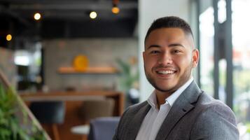 professionnel souriant Jeune homme dans moderne Bureau réglage pour affaires et entreprise utilisation photo