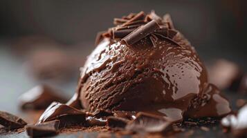 décadent Chocolat la glace crème surmonté avec riches Chocolat copeaux photo